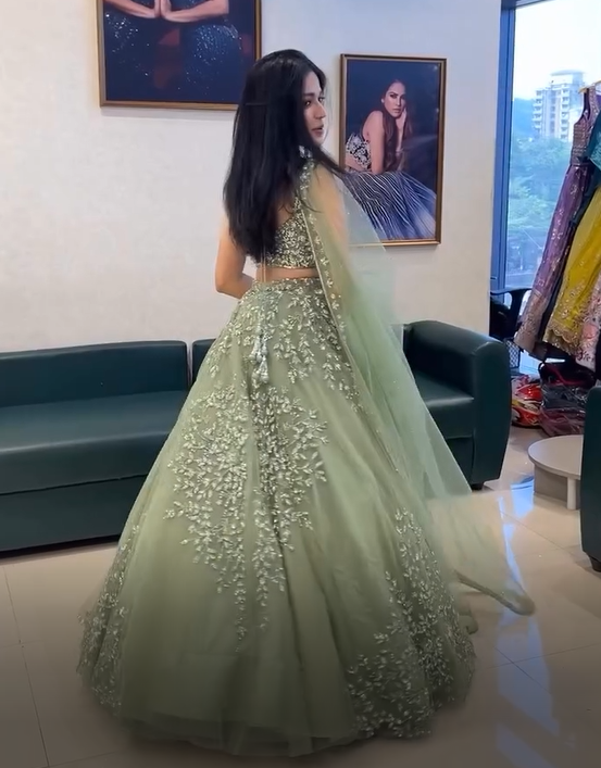 Soft Net Pista Green Color Lehenga Choli Set for Women