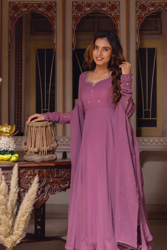 Dusty Pink Color Georgette Anarkali Suit Set
