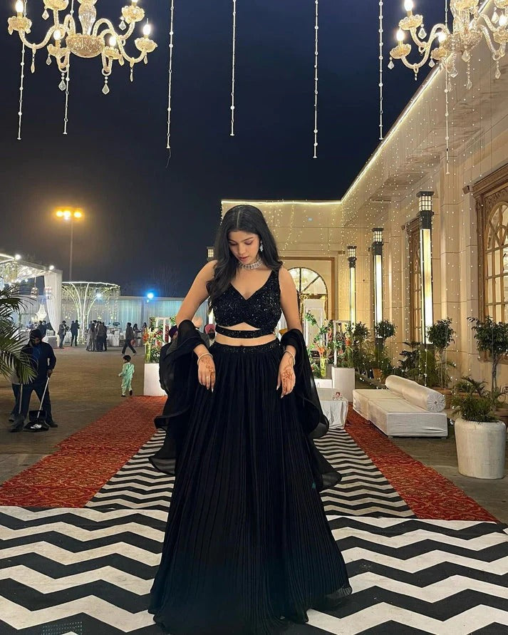 Royal Black Georget Full Stiched Lehenga Choli Set