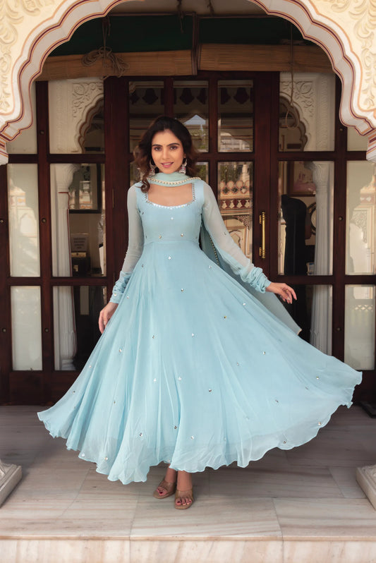 Sky Blue Elegant Anarkali Gown With Embellished Work-Designer Party Wear Dress