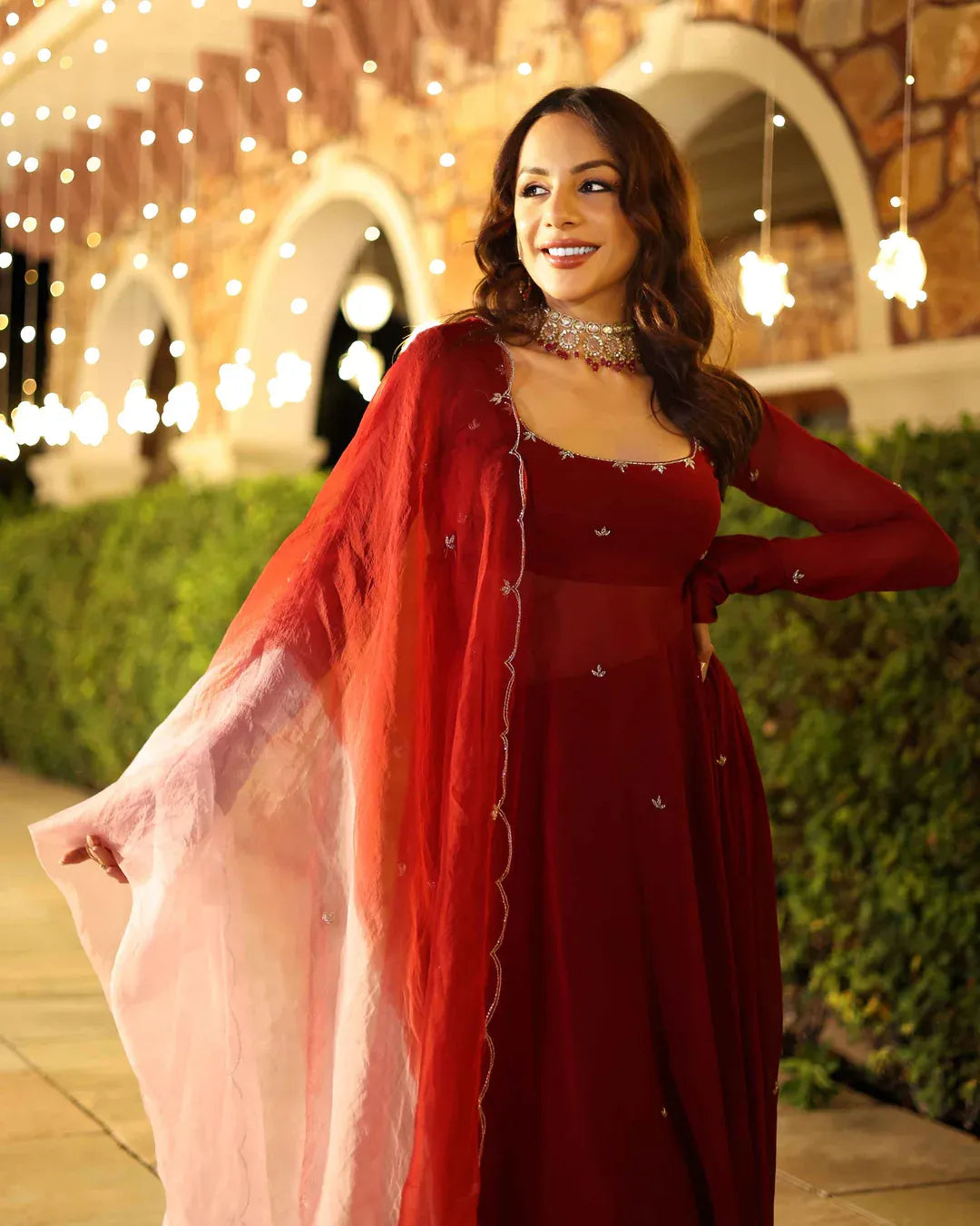 Royal Rust Red Georgette Anarkali Suit Set With Matching Dupatta & Elegant Embellishments