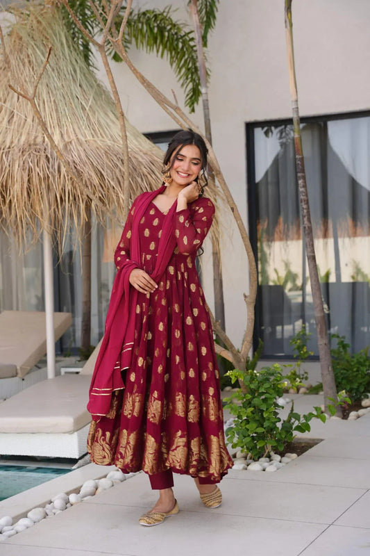 Stunning Maroon Anarkali Suit with Dupatta – Traditional Wear