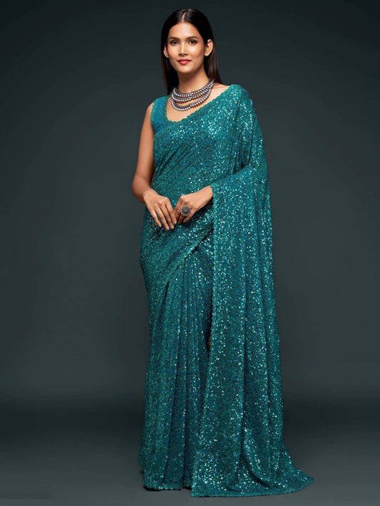 Teal Blue Sequin Georgette Saree for Party Look