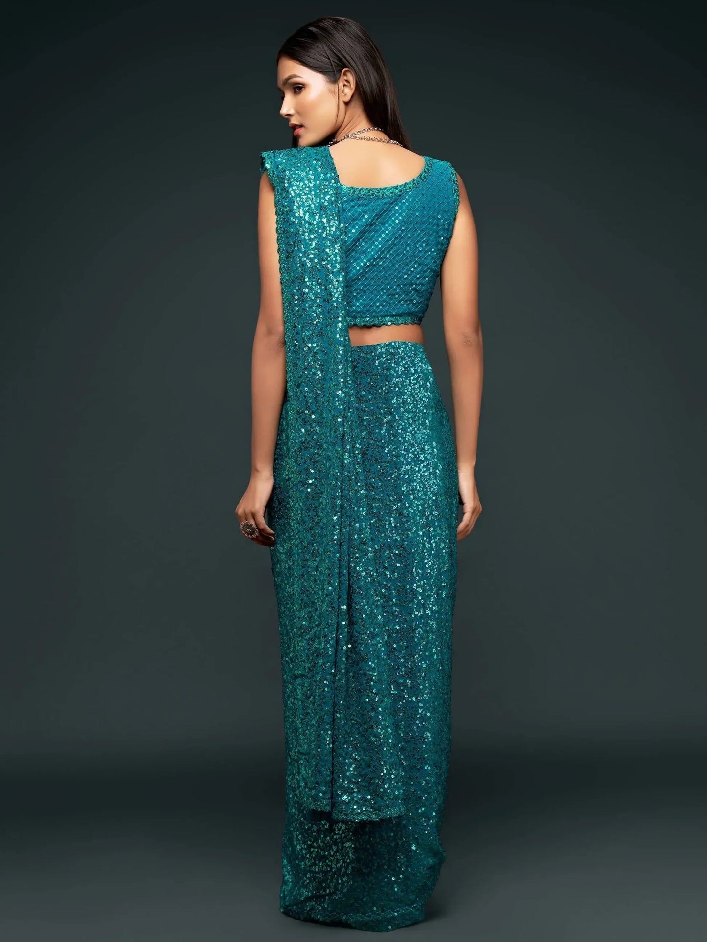 Teal Blue Sequin Georgette Saree for Party Look