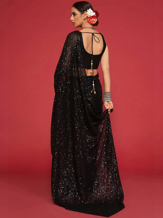 Classic Black Sequined Georgette Saree For Party Look