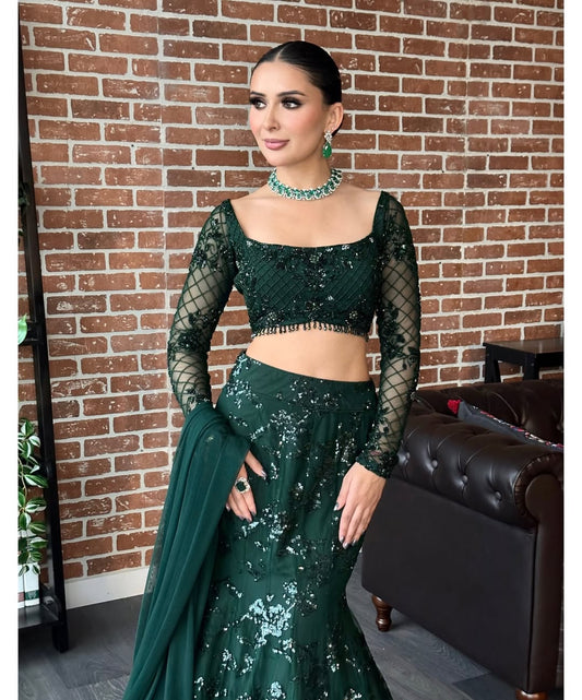 Premium Green Fish Cut Net Lehenga Choli for Women