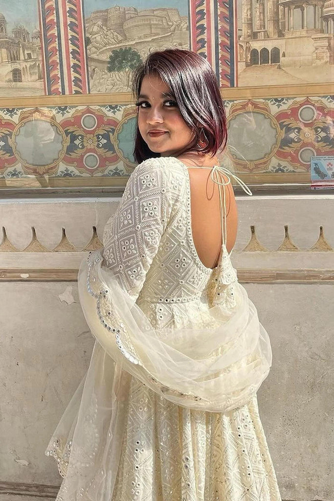 Classy Off-White Soft Georgette Anarkali Gown Intricate Embroidery Sequin Work