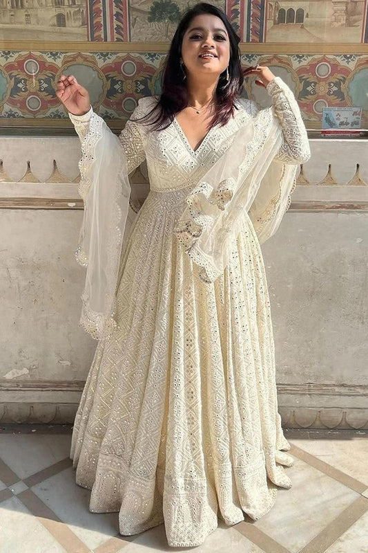 Classy Off-White Soft Georgette Anarkali Gown Intricate Embroidery Sequin Work