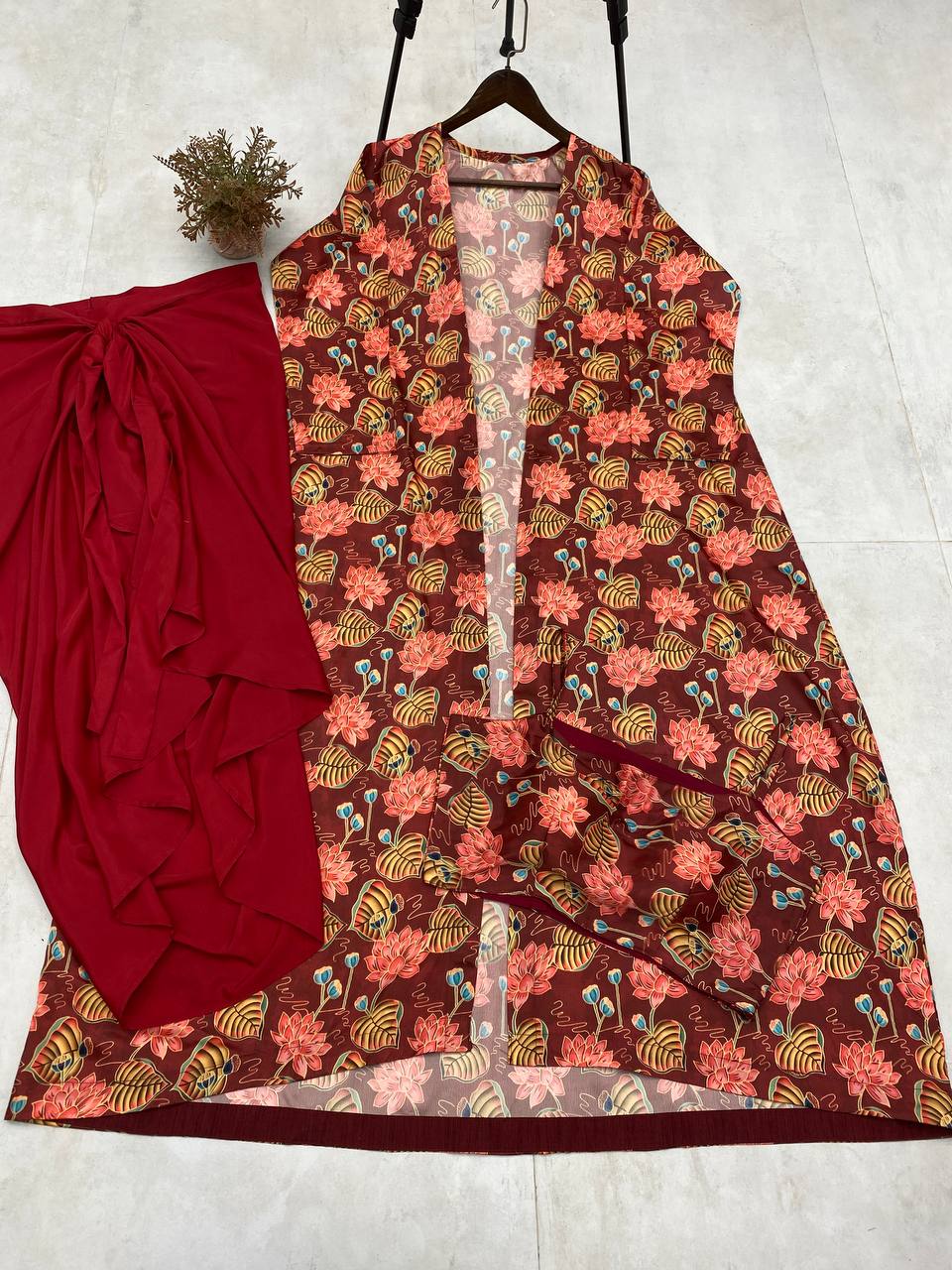 Marron Draped Knotted Skirt Blouse and Shrug With Print Party Wear Suits