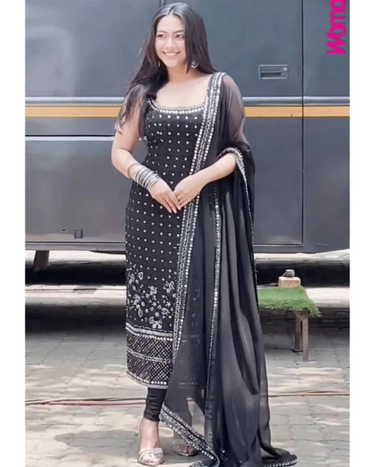 Royal Black Straight Kurti With Embroidered Elegance With Mirror Work