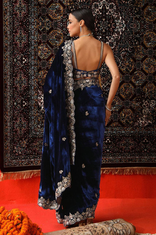 Navy Blue Viscose Velvet Designer Saree For Wedding Wear