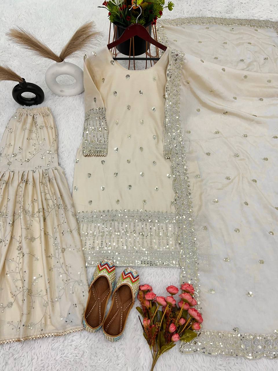 Pure Chinon Silk Off White Kurti sharara Set -Fully Stiched