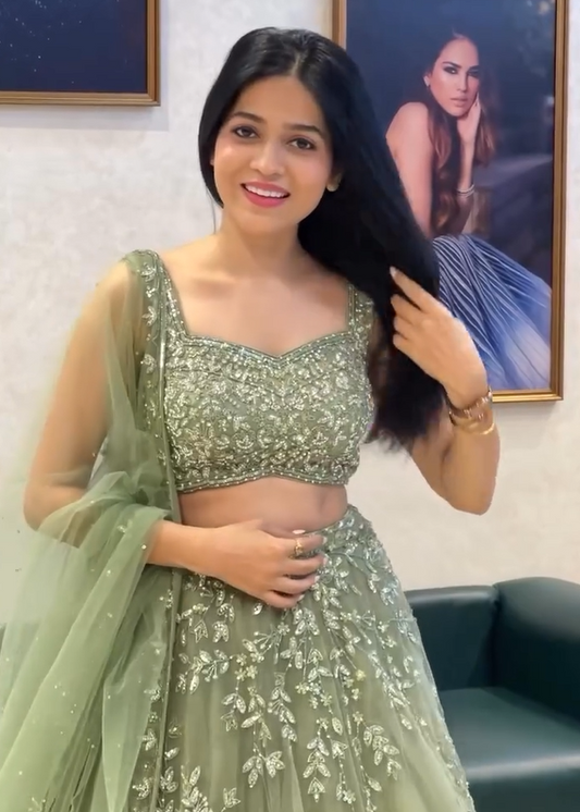 Soft Net Pista Green Color Lehenga Choli Set for Women