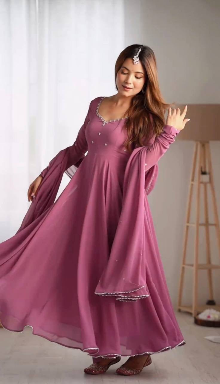 Beautiful Lavender Color Gerogatte Fabric Fully Stiched Anarkali -Festive Wear