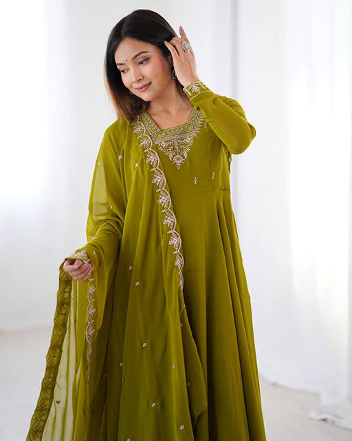 Olive Green Georgette Anarkali 3 Piece Set with Dupatta | Elegant Ethnic Gown for Women | Traditional Festive & Party Wear