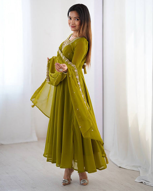 Olive Green Georgette Anarkali 3 Piece Set with Dupatta | Elegant Ethnic Gown for Women | Traditional Festive & Party Wear