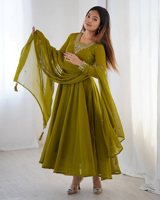 Olive Green Georgette Anarkali 3 Piece Set with Dupatta | Elegant Ethnic Gown for Women | Traditional Festive & Party Wear
