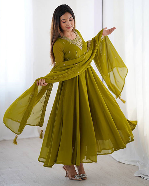 Olive Green Georgette Anarkali 3 Piece Set with Dupatta | Elegant Ethnic Gown for Women | Traditional Festive & Party Wear