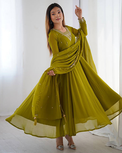 Olive Green Georgette Anarkali 3 Piece Set with Dupatta | Elegant Ethnic Gown for Women | Traditional Festive & Party Wear