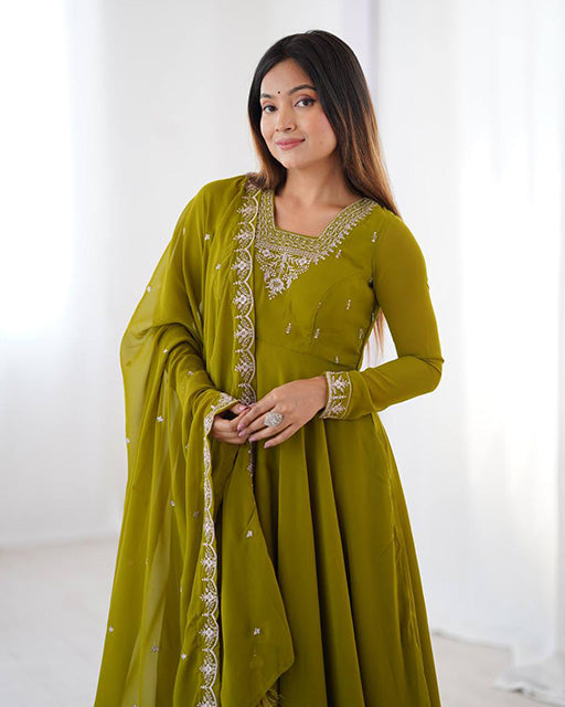 Olive Green Georgette Anarkali 3 Piece Set with Dupatta | Elegant Ethnic Gown for Women | Traditional Festive & Party Wear