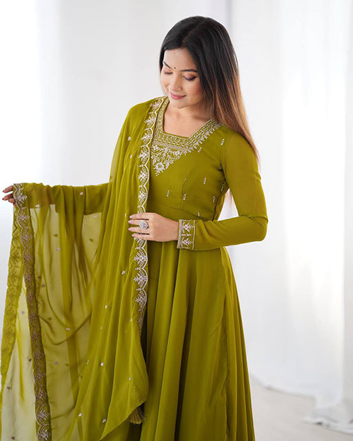 Olive Green Georgette Anarkali 3 Piece Set with Dupatta | Elegant Ethnic Gown for Women | Traditional Festive & Party Wear