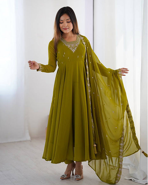 Olive Green Georgette Anarkali 3 Piece Set with Dupatta | Elegant Ethnic Gown for Women | Traditional Festive & Party Wear