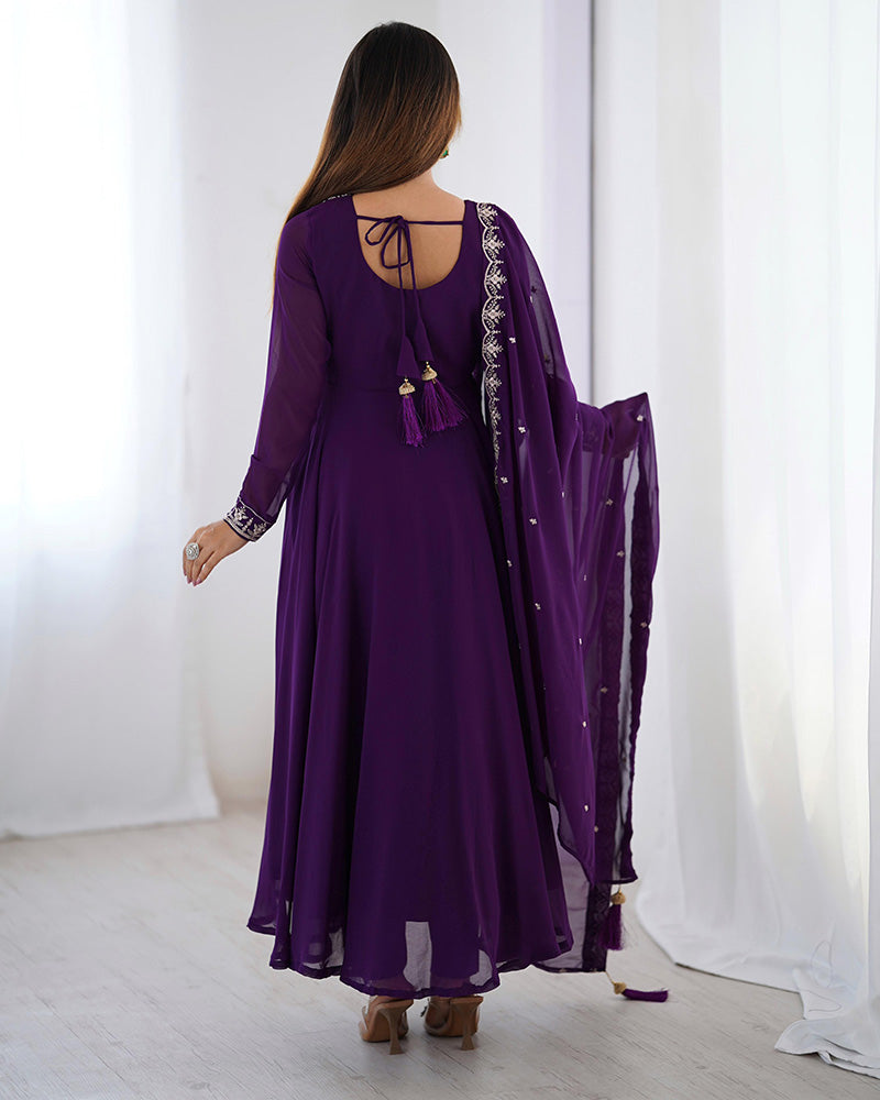Royal Purple Georgette Anarkali 3 Piece Set with Dupatta | Elegant Embroidered Gown for Women | Festive & Wedding Traditional Wear