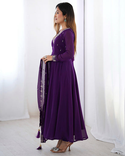 Royal Purple Georgette Anarkali 3 Piece Set with Dupatta | Elegant Embroidered Gown for Women | Festive & Wedding Traditional Wear
