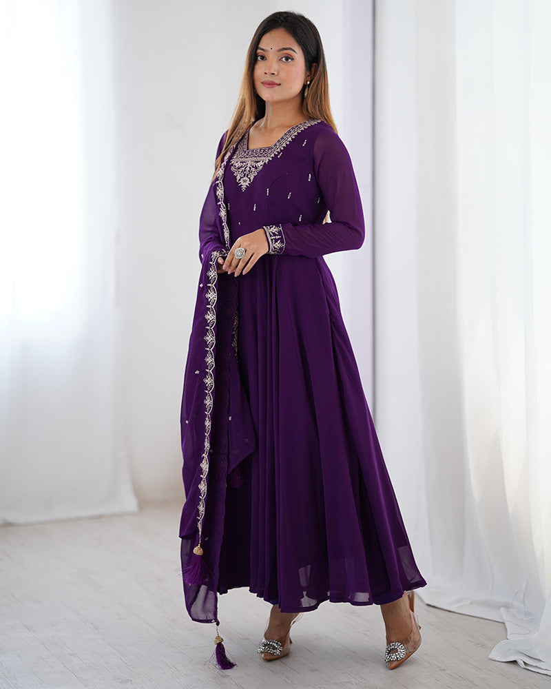 Royal Purple Georgette Anarkali 3 Piece Set with Dupatta | Elegant Embroidered Gown for Women | Festive & Wedding Traditional Wear