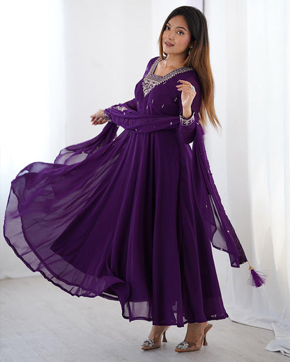 Royal Purple Georgette Anarkali 3 Piece Set with Dupatta | Elegant Embroidered Gown for Women | Festive & Wedding Traditional Wear