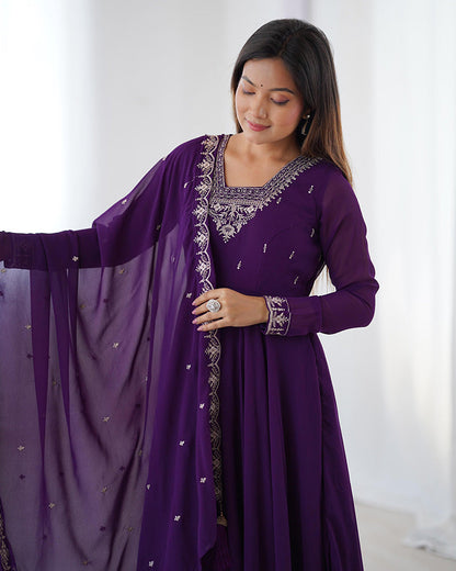Royal Purple Georgette Anarkali 3 Piece Set with Dupatta | Elegant Embroidered Gown for Women | Festive & Wedding Traditional Wear