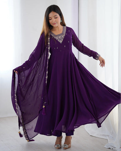 Royal Purple Georgette Anarkali 3 Piece Set with Dupatta | Elegant Embroidered Gown for Women | Festive & Wedding Traditional Wear