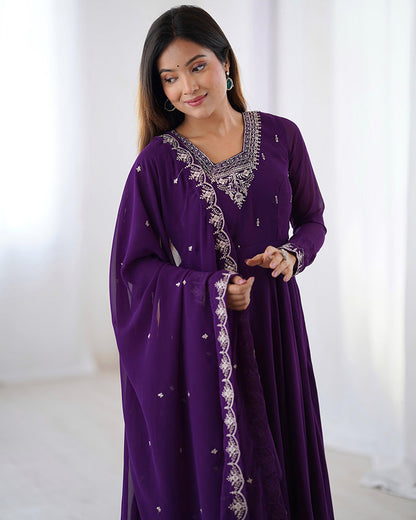 Royal Purple Georgette Anarkali 3 Piece Set with Dupatta | Elegant Embroidered Gown for Women | Festive & Wedding Traditional Wear