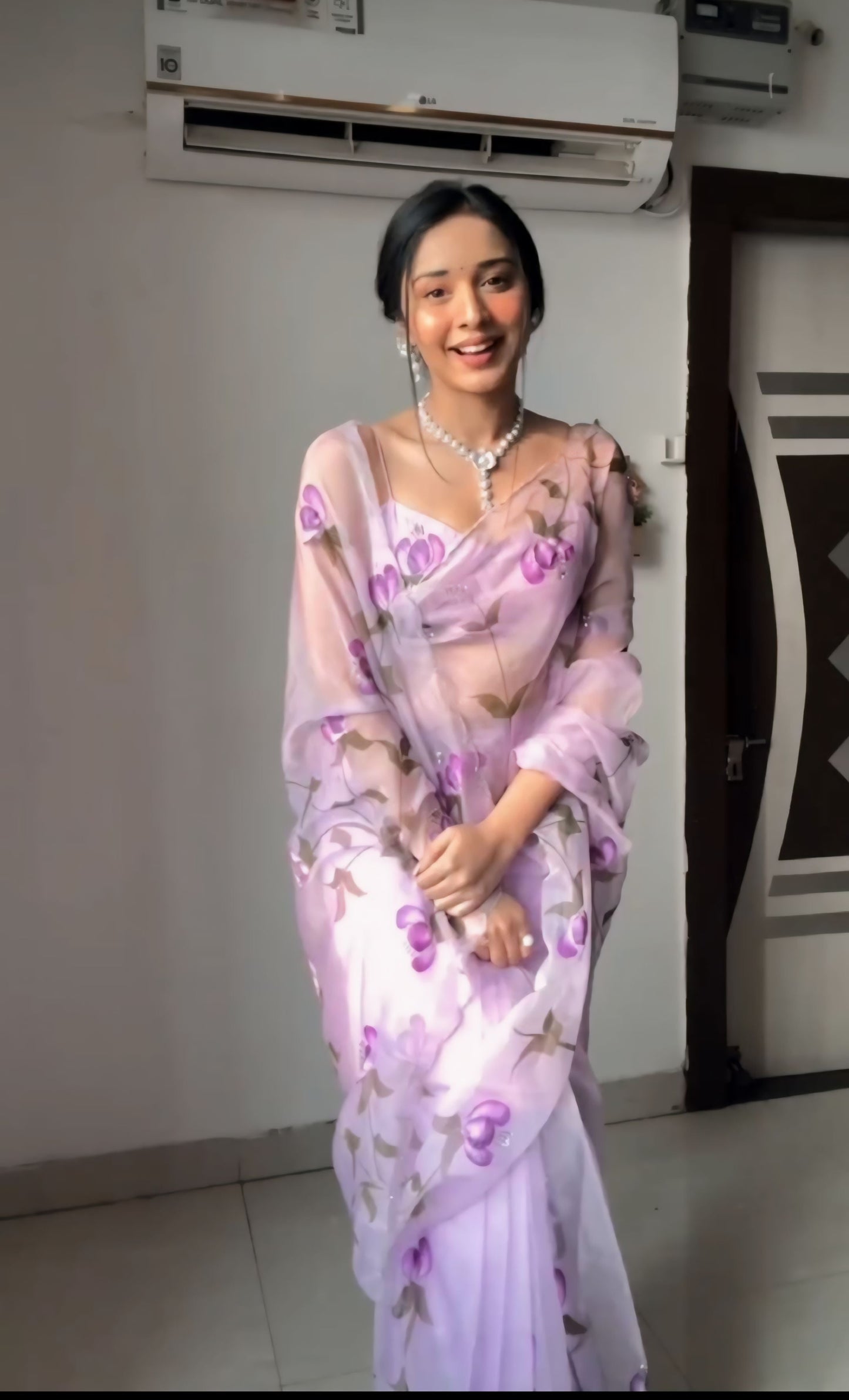 Lavender Floral Print Organza Ready to Wear Saree