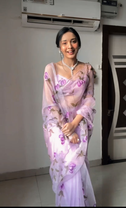 Lavender Floral Print Organza Ready to Wear Saree