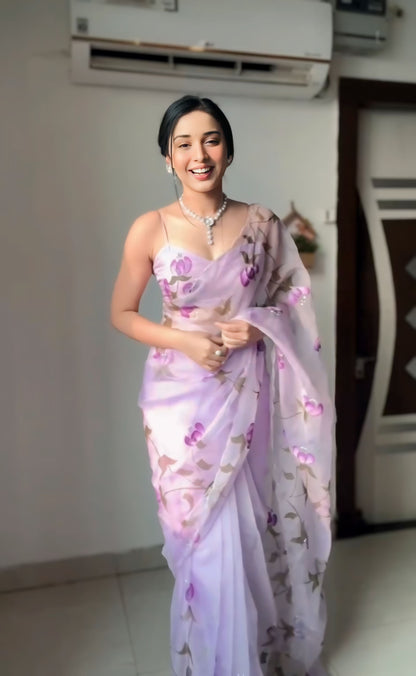Lavender Floral Print Organza Ready to Wear Saree