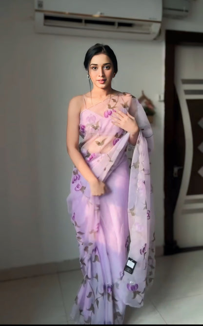 Lavender Floral Print Organza Ready to Wear Saree