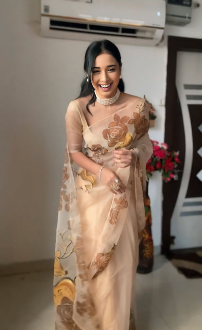 Floral Hand-Painted Linen Ready To Wear Saree