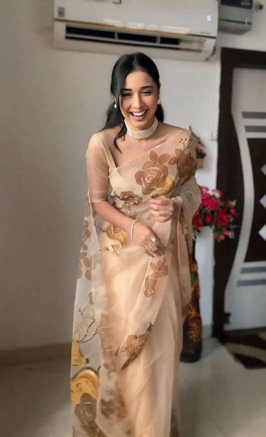 Floral Hand-Painted Linen Ready To Wear Saree