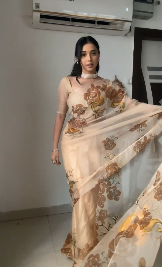 Floral Hand-Painted Linen Ready To Wear Saree