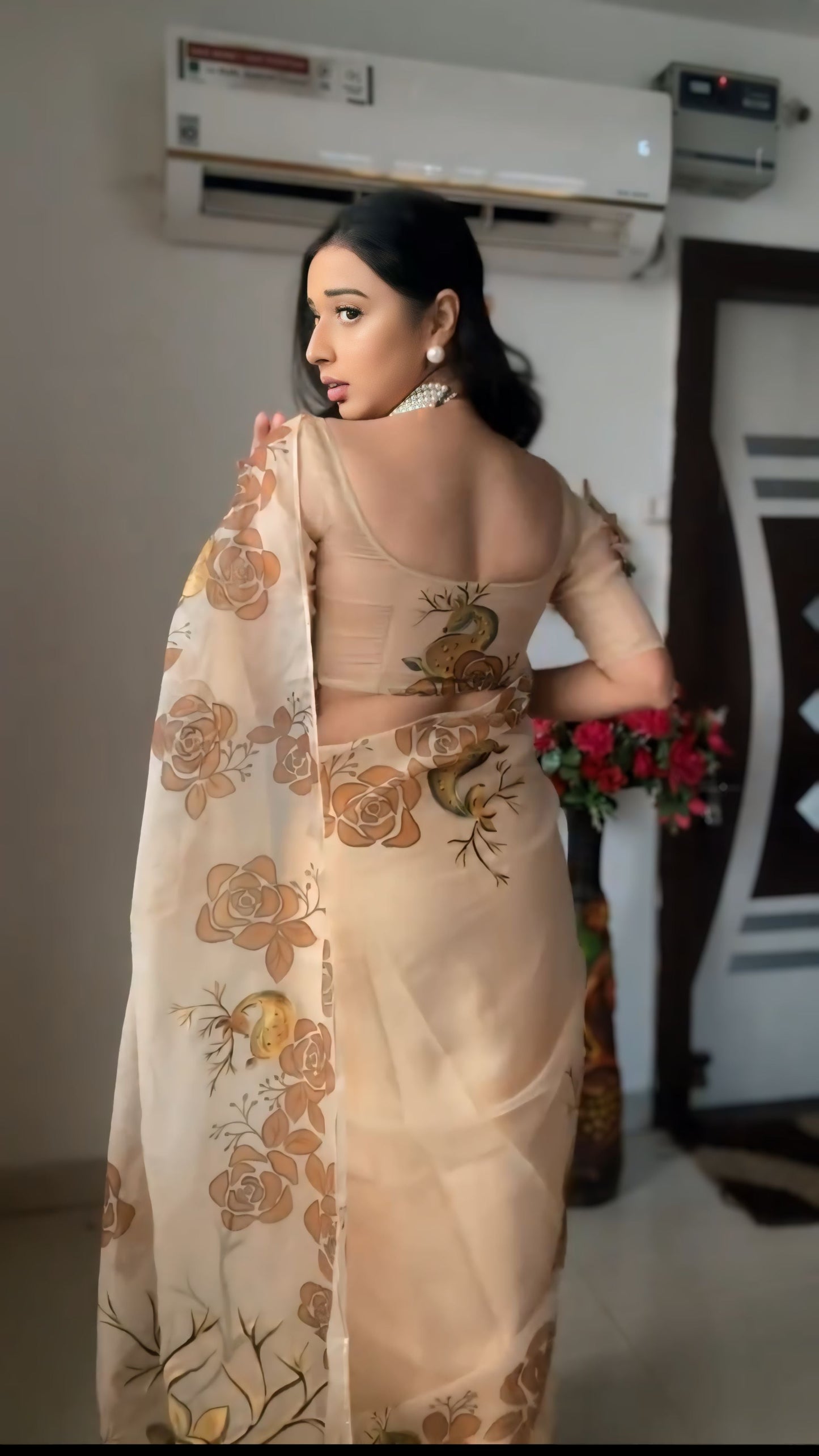 Floral Hand-Painted Linen Ready To Wear Saree