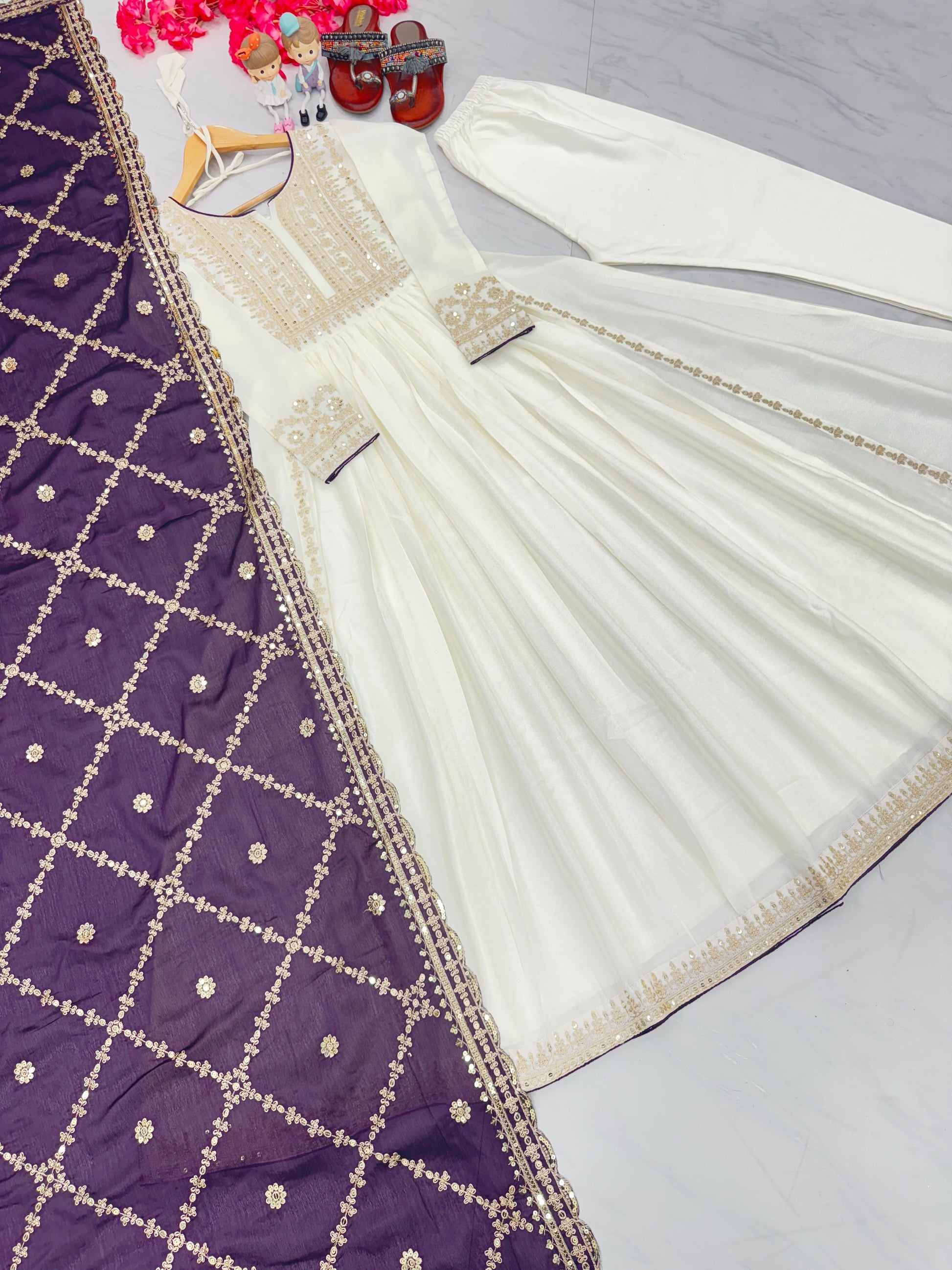 Magnificent Pure Chinon Silk Sequins Embroidered Anarkali Pant Suit - INDIAN ELEGANCE