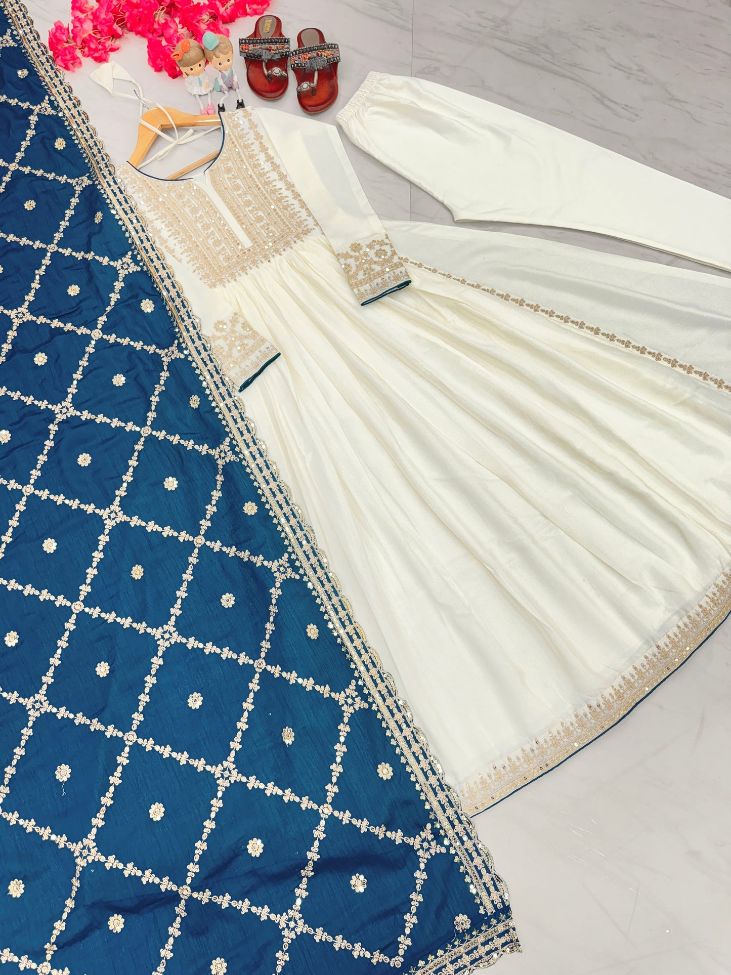 Magnificent Pure Chinon Silk Sequins Embroidered Anarkali Pant Suit - INDIAN ELEGANCE