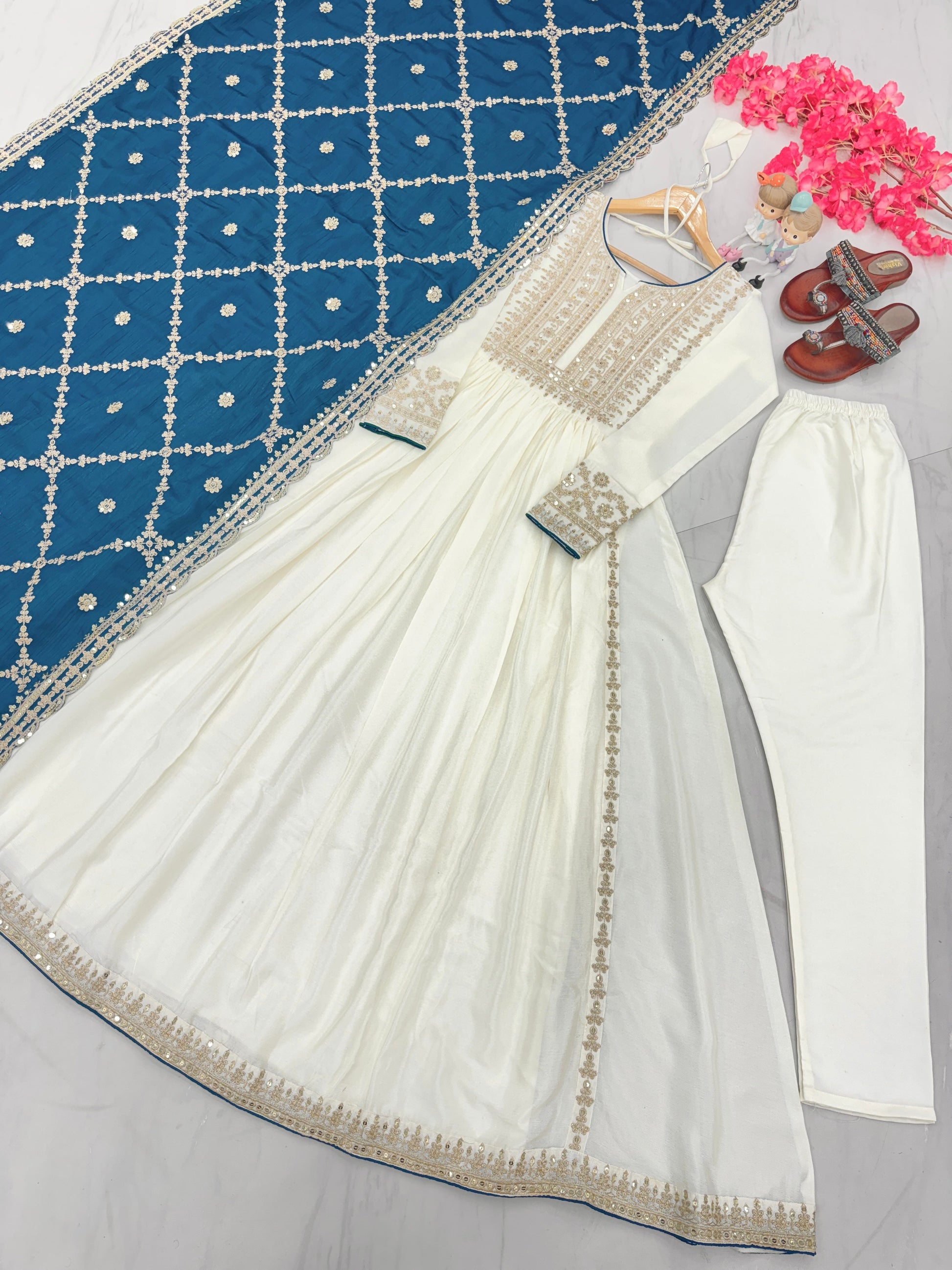 Magnificent Pure Chinon Silk Sequins Embroidered Anarkali Pant Suit - INDIAN ELEGANCE