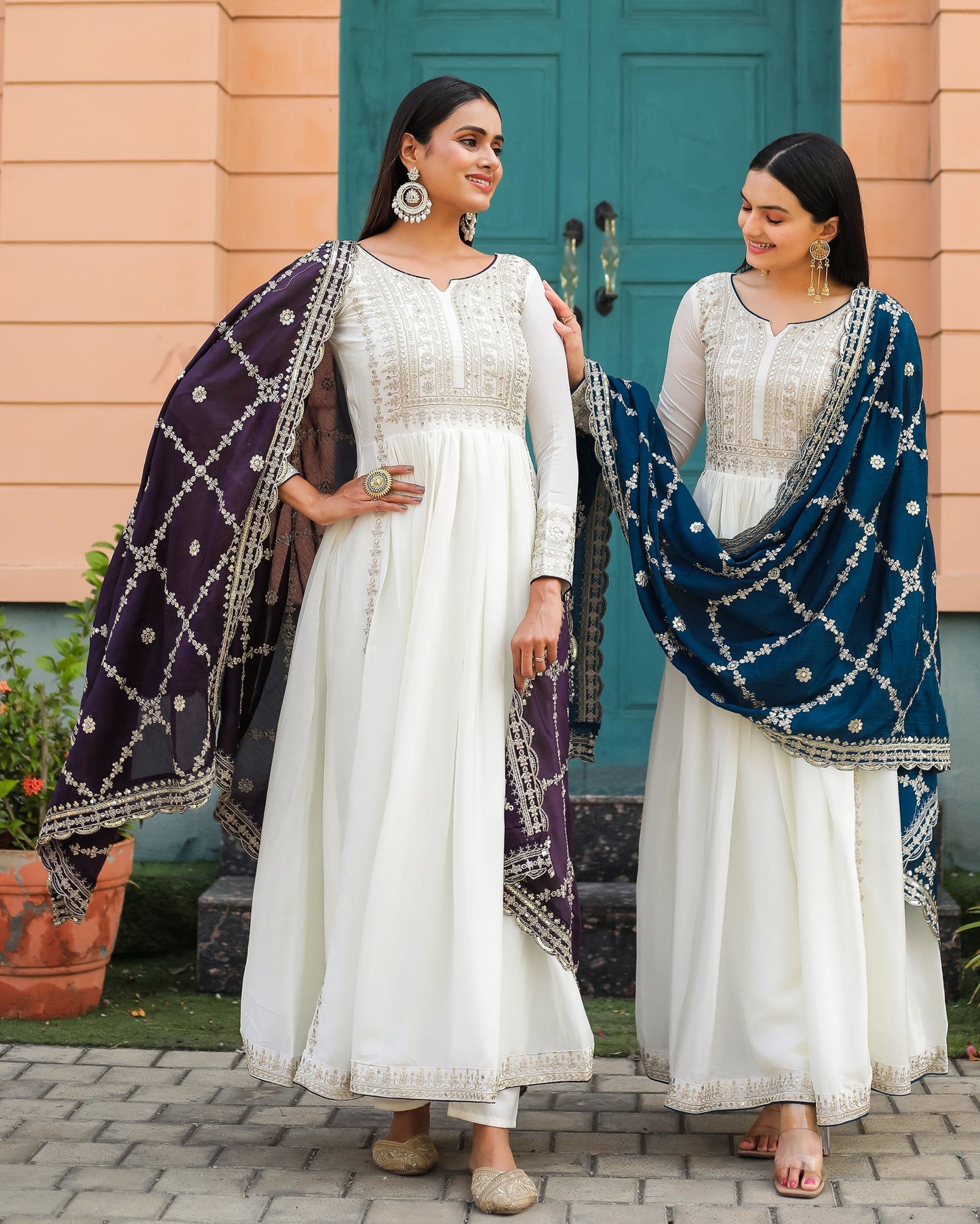 Magnificent Pure Chinon Silk Sequins Embroidered Anarkali Pant Suit - INDIAN ELEGANCE