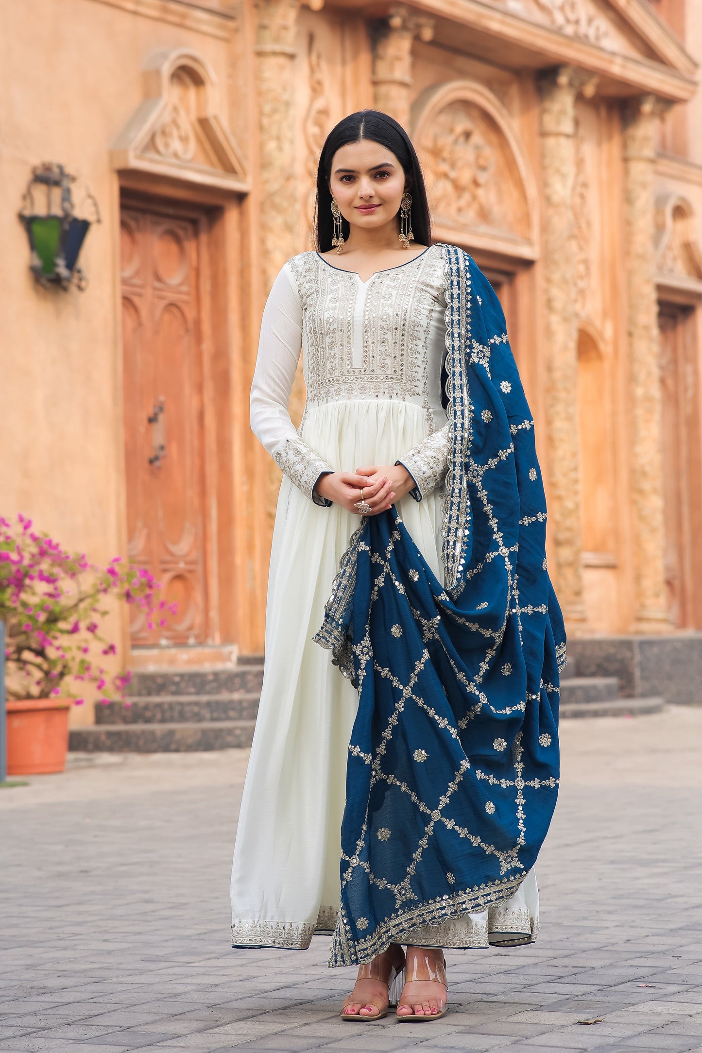 Magnificent Pure Chinon Silk Sequins Embroidered Anarkali Pant Suit - INDIAN ELEGANCE