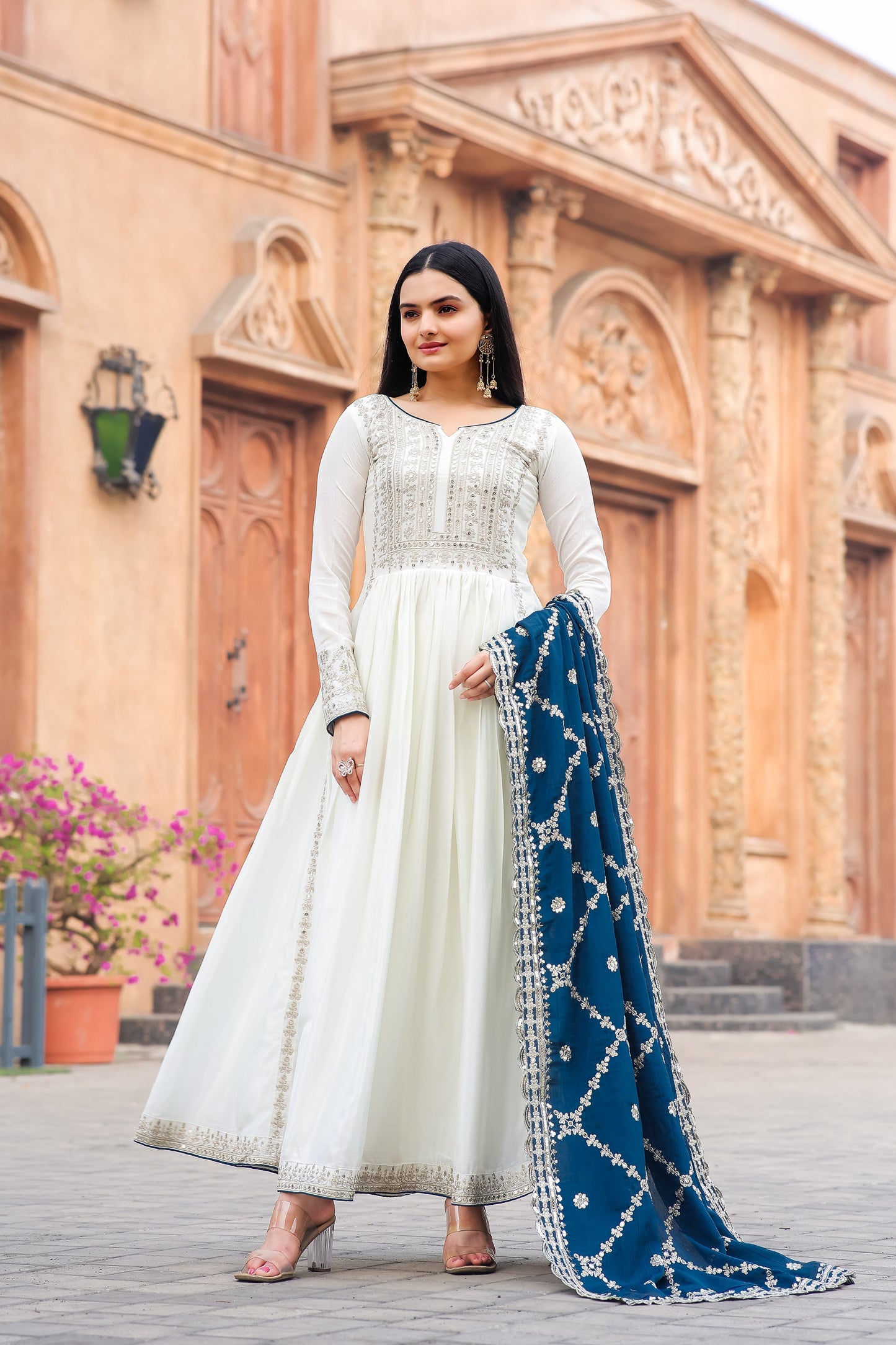 Magnificent Pure Chinon Silk Sequins Embroidered Anarkali Pant Suit - INDIAN ELEGANCE