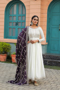 Royal  White Chinon Silk Long Anarkali Suit with Contrast Dupatta