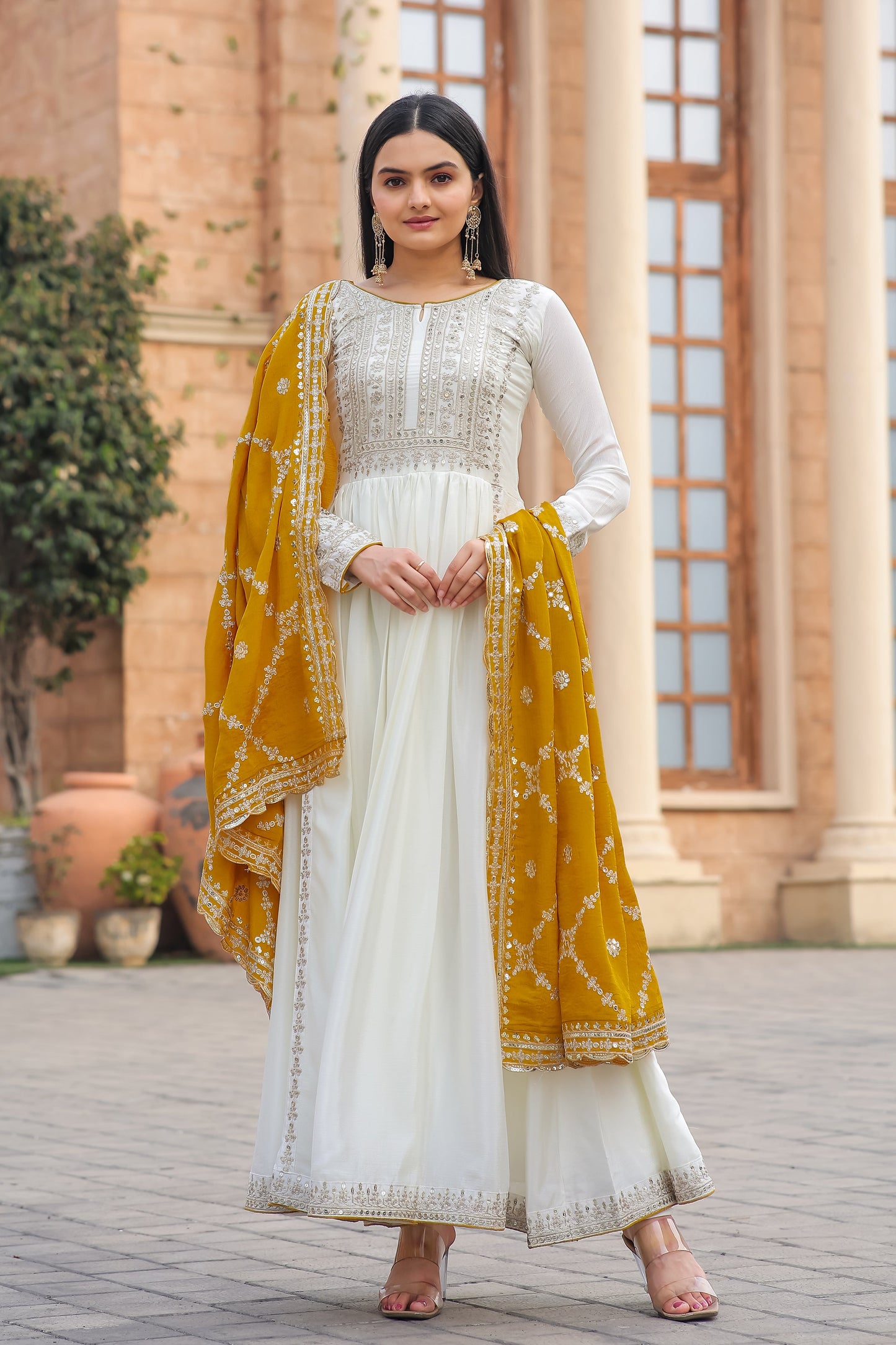 Magnificent Pure Chinon Silk Sequins Embroidered Anarkali Pant Suit - INDIAN ELEGANCE