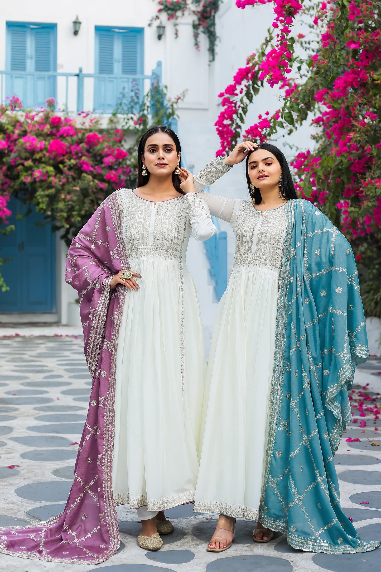 Magnificent Pure Chinon Silk Sequins Embroidered Anarkali Pant Suit - INDIAN ELEGANCE